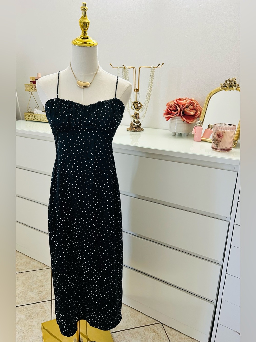 Zara Black Midi Dress with White Polka Dots and Spaghetti Straps